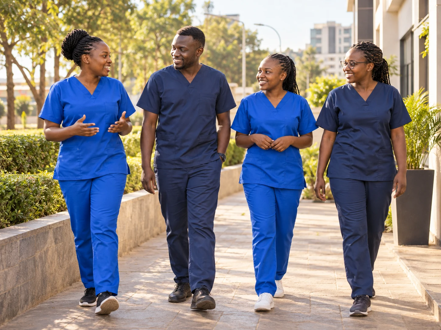 Illustrative scene of a home-care nursing team walking together
