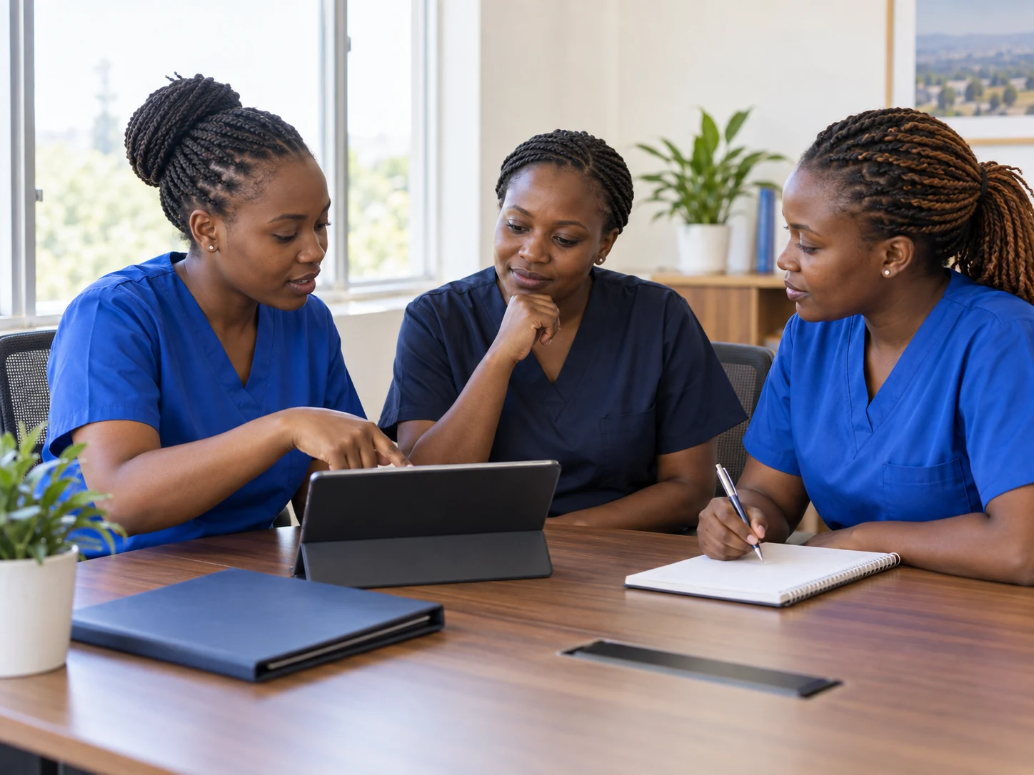 Illustrative scene of a home-care nursing team discussing a care plan together